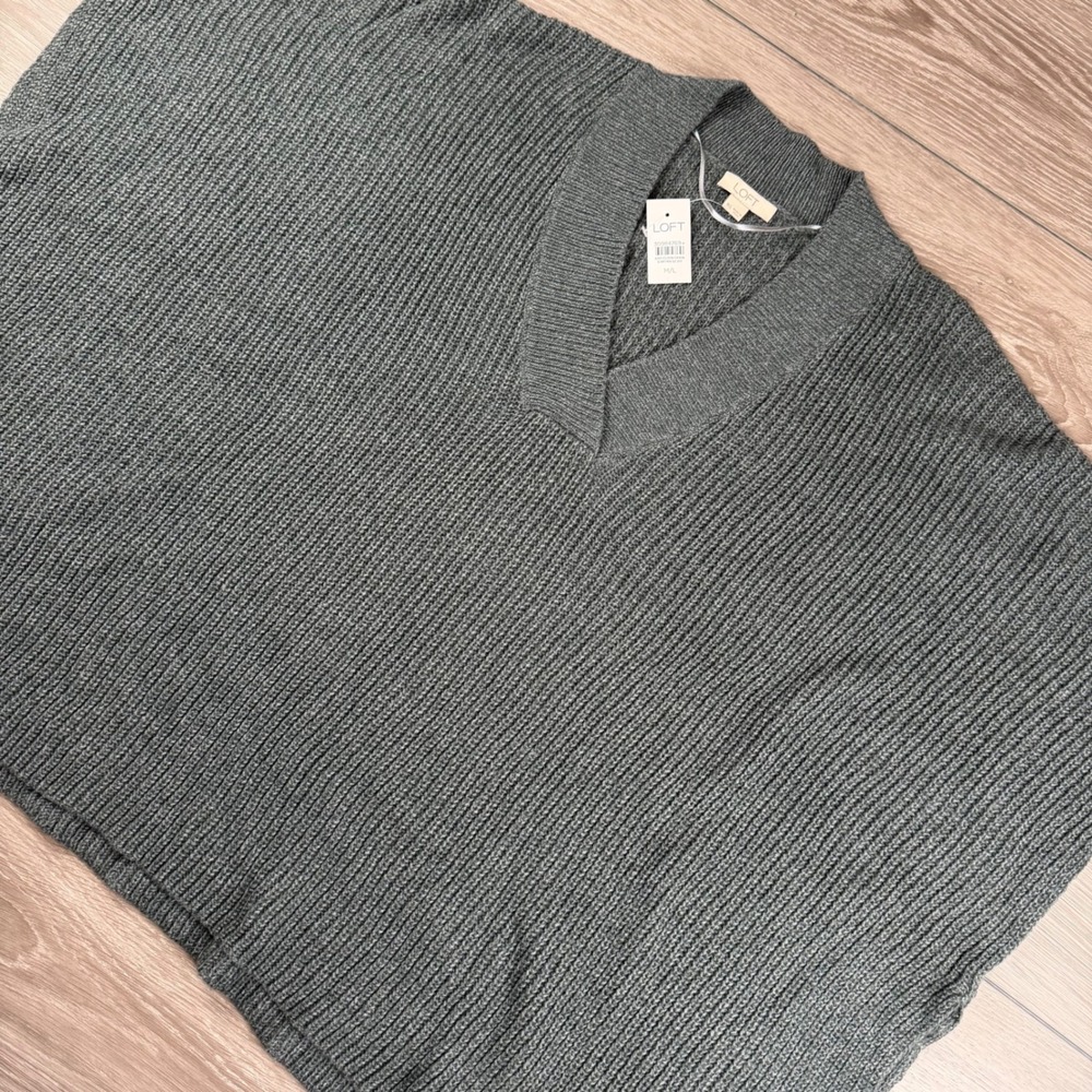 Loft Women Poncho Sweater V-Neck Ribbed Knit Oversized Gray M/L